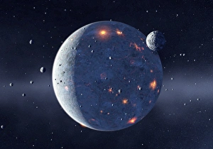 Drucke von Die Planetenbildung im Computerbildwerk von zahlreichen kleinen steinigen Körpern (Planetessimalien), die sich zu einem Planeten in der frühen Sonnenbewegung zusammenschließen Bilder Datiert 2008 Mai: Planetarische Bildung, Computerkunstwerk
