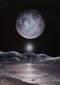 Drucke von Pluto aus der Sicht von Charon, Kunstwerk. Plut und Charon sind eisige Körper im Umlauf umeinander im Kuiper-Belt an den äußersten Rändern des Sonnen-Systems Bilder Datiert 2008 Mai: Plutu aus Charon gesehen Kunstwerk