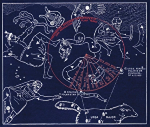 Drucke von Die Vorschwingung des Nordsternhaufes. Kunstwerk der Sternbilder des Nordhimmels und die langsame kreisförmige Bewegung (rot) dieses Haufes über eine Periode von Tausenden von Jahren Bilder Datiert 2006 März: Vorwärtsbewegung des Nordostlichen Himmelskopfes