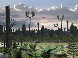 Carboniferous Period Drucke: Prehistoric riverside, artwork