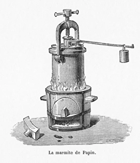 Drucke von Druckkocher: Historisches Kunstwerk des Druckkochers La Marmite de Papin von Dennis Papin aus dem Jahr 1681. Es besteht aus einem Eisenpot mit verschlossener Decke Bilder Datiert 2002 November: Druckkocher