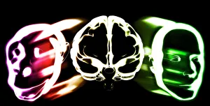 Drucke von Die Evolution der Primatenhirne. Konzeptuelle Computerkunst eines Gehirns (Zentrum) mit einem Affenkopf (links) und einem Menschenkopf (rechts), die Darstellung der Evolution primatener Gehirne Bilder Datiert 2005 Januar: Primatengehirne-evolution