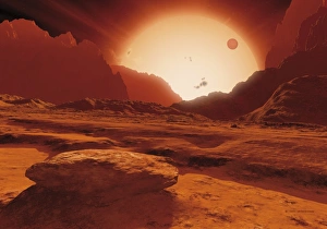 Drucke von Proximazentauri Planeten Kunstwerk des roten Zwergsterns Proximazentauri (Oberzentrum), gesehen von der Oberfläche eines hypothetischen nahe gelegenen Planeten Bilder Datiert 2007 November: Die Proximazentaurikos Planetenbild