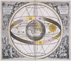 Drucke von Ptolemaische Weltanschauung. Dies ist Tafel 2 aus der Ausgabe des Sternatlas Harmonica Macrocosmica von dem niederländisch-deutschen Mathematiker und Kosmograph Andreas Cellarius (1596-1665) Andreas Cellarius Drucke: pythagoräische Weltanschauung, 1708