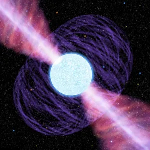 Drucke von Pulsar, Kunstwerk. Dieser Sternenhimmelobjekt ist ein schnell rotierender neutronsternartiger Sternebogen Bilder Datiert 2003 April: Pulsar