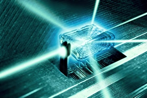 Drucke von Konzeptbild. Nanoskalige Kristalle speichern Quantenbits von Informationen für Zugriff über ihr vielfältiges Kristallgitter Bilder Datiert 2011 Mai: Quantiscomputerkern