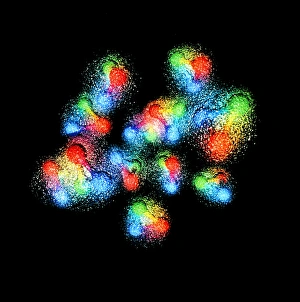 Drucke von Visualisierung eines Kohlenstoffkerns. Diese Abbildung stellt den Kern eines Kohlenstoffatoms dar. Der Kern besteht aus zwölf Teilchen, genannt Nukleonen (sechs Protonen und sechs Neutronen) Bilder Datiert 2003 April: Quarkstruktur des Kohlenstoffkerns