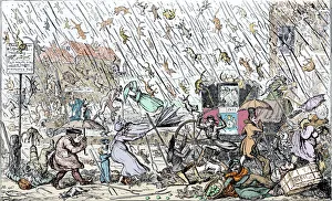 Drucke von Regnet Katzen und Hunde. Historische Kunstwerke von Katzen, Hunden und Pfeffern durch die Luft fallen auf Menschen in einer Straße eines Dorfes George Cruikshank Drucke: Regnen Katzen und Hunde
