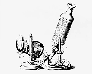 Bilder aus dem Jahr 1986: Roberts Mikroskop im Buch Micrographia aus dem Jahr 1665