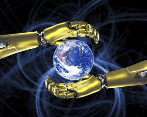 Future Technology Concept Drucke: Robotic hands and Earth, artwork