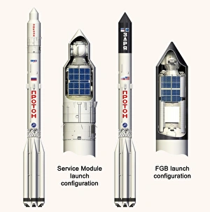Drucke von Die russischen ISS-Modulmodule mit Raketen und Kunstwerken. Beide Zvezda (dieses Dienstmodul, links) und die Zarya (Funktionskargemodul FGB) sind Module der Internationalen Raumstation (ISS) Bilder Datiert 2012 Februar: Russischer Modul der Internationalen Raumstation startet mit Kunstwerk