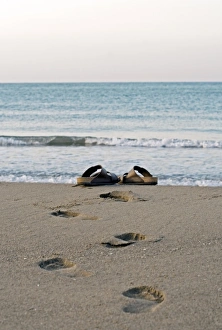 Spain Beach Scene Drucke: Sandals on a beach, Spain