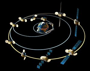 Drucke von Satellitenstartsequenzdiagramm. Diese Sequenz zeigt eine Fernsehsatellite mit der Start von dem Äquator in die geostationäre Umlaufbahn (gelbe Kreis) Bilder Datiert 2012 Februar: Sondenstartsequenzdiagramm