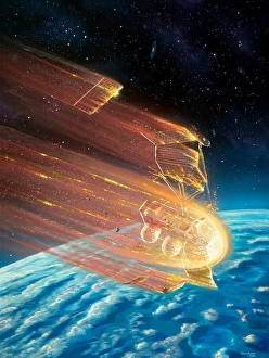 Drucke von Satelliten-Eingang. Kunstwerk des Eintritts des Satelliten Compton Gamma Ray Observatory (CGRO) durch die Atmosphäre der Erde Bilder Datiert 2001 Januar: Sondenwiedereingang