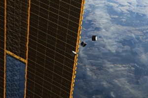 Earth From Space Images Drucke: Satellites and ISS solar panel in space