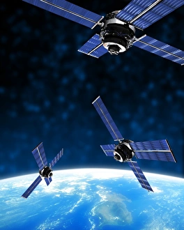Solar System Illustration Drucke: Satellites orbiting Earth, artwork