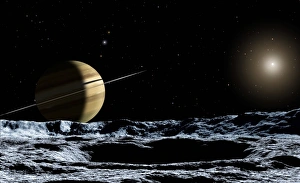 Drucke von Saturn aus Rhea. Computerart von dem ringen Gasgigantenplaneten Saturn (Zentrum links) wie er vom Kraterfeld der Mondrheea gesehen wird Bilder Datiert 2001 Oktober: Saturn von Rhea