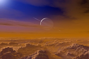 Planeten Drucke: Saturn aus der Oberfläche von Titan