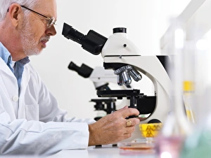 Scientific Research Tools Drucke: Scientist using a light microscope F006 / 9023