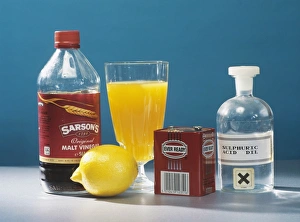 Drucke von Auswahl von Säuren. Haushaltsprodukte mit Säure und Schwefelsäure enthalten sich Acideinheiten Maltwein enthält Ethanoat- oder Essigsäure, der aus dem Fermentieren von Malzprodukten hergestellt wird Bilder Datiert 2004 November: Auswahl von Säuren