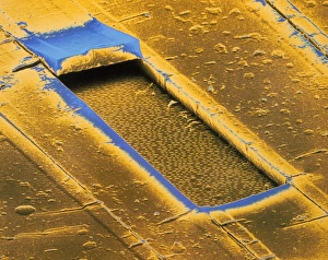 Communication Technology Images Drucke: SEM of surface of cracked compact disc