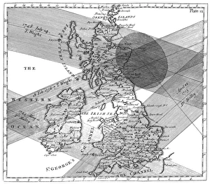 Drucke von Die Sonnenfinsternisbahnen. Historische Karte der Bahnen von vier Sonneneinbrüchen über Großbritannien während des 1700er Jahren Bilder Datiert 2003 Juli: Sonnenfinsternisbahnen
