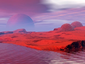 Drucke von Raumkolonie. Rechnergrafik einer Siedlung auf einem fremden Planeten. Mit konventioneller Technologie würde es viele Jahrzehnte dauern, andere Sterne zu erreichen Bilder Datiert 2005 März: Raumsiedlung