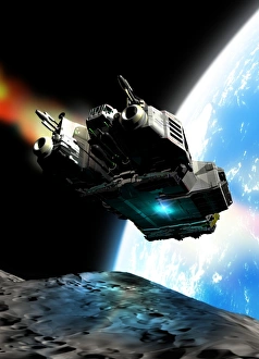 Drucke von Raumforschung, Computergebild eines Bergbauschiffs beim Anschießen auf einen Asteroiden im Erdorbit Bilder Datiert 2010 August: Raumforschung Kunstwerk