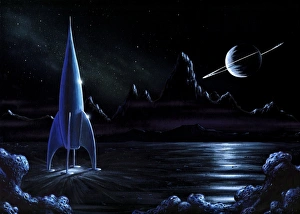 Space Shuttle Drucke: Rakete in Raum und umkämpfter Planet mit Ringen; Kunstwerk