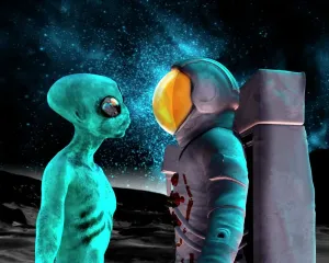 Astronauten Drucke: Unerwünschtes Wesen und Astronaut im Kunstwerk