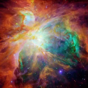 Drucke von Orion Nebel. Farbkompositum aus infrarot und sichtbarer Lichtbild des Orion-Nebels M42 Wissenschaftliche Poster: Orions Nebel