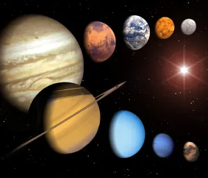 Drucke von Sonnensystem. Kompositkunstwerk aus den neun Planeten des Sonnensystems im Umkreis der Sonne (rechts) Weltraumdrucke: Sonnenbild
