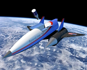 Drucke von Der Maglev-Rakete von SpaceLiner ist ein Computerbild eines hypothetischen Raumschiffs mit einer MagLev-Rakete beim Start in den Weltraum Bilder Datiert 2001 Juni: RaumschiffLinienmaglev-Rakete