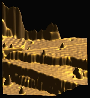 Drucke von Spintronikforschung. Farbiges Scanningtunnelingmikroskopbild (STM) zeigt die Wechselwirkungen zwischen Atomen und einer Metalloberfläche auf Bilder Datiert 2007 Februar: Spintronikforschung mit STM