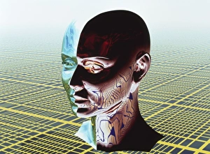 Drucke von Doppelgänger-Persönlichkeit. Konzeptuelles Computerkunstwerk von zwei Seiten eines menschlichen Kopfes, das eine Doppelgänger-Persönlichkeit darstellt Bilder Datiert 2001 Juli: Doppelgängertum