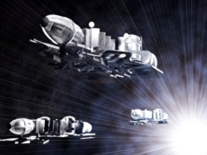 Drucke von Stargate-Raumschiffe. Computerzeichnungen einer Flotte von Raumschiffen die zu einem entfernten Teil des Universum geflogen sind, durch einen Kehrwinkel im Raumzeitraum Bilder Datiert 2005 Januar: Raumschiffe der Stargate