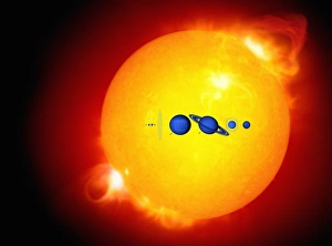 Drucke von Sonne und ihre Planeten: Kunstwerke der Acht Planeten des Sonnensystems im Schatten der Sonne angeordnet von links nach rechts in ihrer Reihenfolge vom Sonnenlicht Bilder Datiert 2006 Dezember: Sonne und ihre Planeten