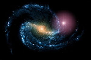 Drucke von Supernova: Computerartwerk einer Supernovae (rot) im Spiralgalaxien NGC 1300. Eine Supernovae ist der ausblühtige Tod eines Sterns, welcher für kurze Zeit ein ganzes Galaxien überstrahlen kann Bilder Datiert 2001 Oktober: Supernova in der Galaxie NGC 1300