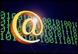Computer Drucke: Symbol '@' und Binärkodierung zur Darstellung von E-Mail.