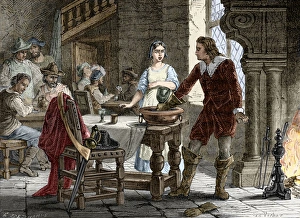 Drucke von Szene, die den Moment von 1690 darstellt, als Thomas Savery (1650-1715) angeblich das Prinzip einer mit Dampf betriebenen Maschine zur Wasserabpumpung aus Kohlenminen erfand Bilder Datiert 2012 September: Thomas Savery und seine Dampfpumpe