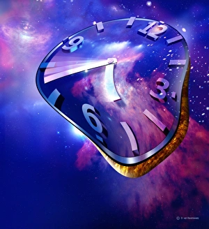Drucke von Zeitwarp. Konzeptuelle Kunstarbeit eines gewalzten Uhrenrundens auf einem Hintergrund von Sternen Kunstwerke Des Surrealismus Drucke: Zeitwahrnehmung