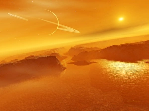 Drucke von Der Titantopfahnenbildwerk von der Oberfläche des größten Mondes im Ringplanet Saturn (links) Bilder Datiert 2004 März: Riesenlandschaft