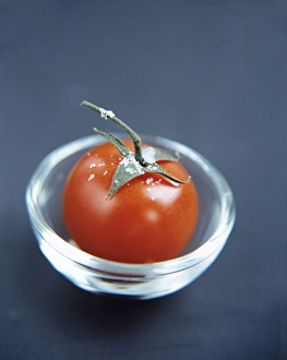 Drucke von Tomat (Lycopersicon esculentum) in einem Glasbecher. Diese Frucht hat viele Verwendungen im Kochen und ist eine gute Quelle für Vitamine A und C Bilder Datiert 2004 August: Tomato