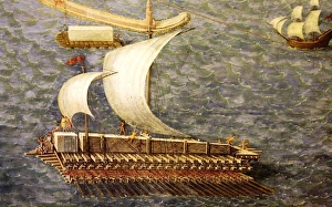 Drucke von Der römische Frachtkahn in Form eines Rafts wurde im Jahr 10 v. Chr. zum Transport des Montecitorio-Pfeilers von Ägypten nach Rom verwendet Bilder Datiert 2011 Juli: Das Transportieren des Montecitorio-Obelsisks