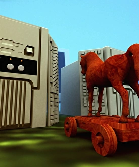 Drucke von Der Trojaner Pferd Konzeptuelles Computerbild eines Holzhorses auf Rädern, der durch Stadtgürtel aus Computerteilen eintreibt. Dies könnte ein Typ des schädlichen Computerspiels trojan darstellen Bilder Datiert 2005 September: Trotzani Pferd, Computerkunstwerk