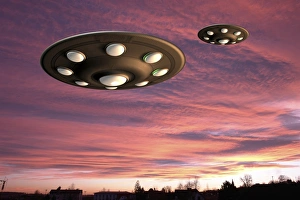UFOs Drucke: UFO-Landing, Computerkunstwerk.
