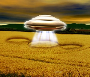 UFOs Drucke: Fernglas bildet ein Getreidekreis
