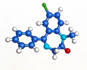 Drucke von Diazepam ist ein Computer-Graphic eines Moleküls von Diazepam, auch bekannt als Valium, einem Tranquilliser-Mittel Bilder Datiert 2002 August: Valiummolekül