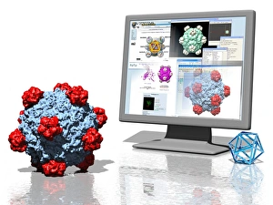Drucke von Forschung zu Virenkonzeptuelle Computerkunst darstellendes Forschungsprojekt zur Virusforschung mit einer Viruspartikel im unteren linken Teil und einem Computerbildschirm, der Daten zum Virus anzeigt Bilder Datiert 2007 Mai: Virenforschung Kunstwerk