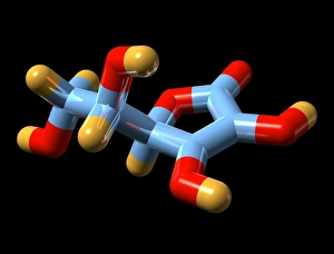 Drucke von Vitamin C, molekularer Modell. Die chemische Formel für Vitamin C, auch als Ascorbinsäure bezeichnet wird, ist C6.H8.O6 Bilder Datiert 2008 Januar: Vitamin C, molekularer Modell